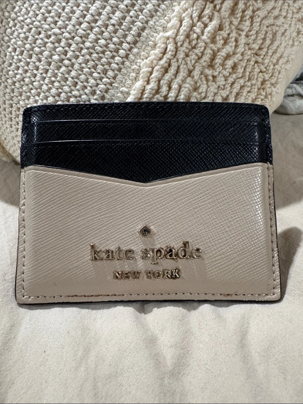 kate spade Two-Tone Black and Cream Card Case with Gold Logo
